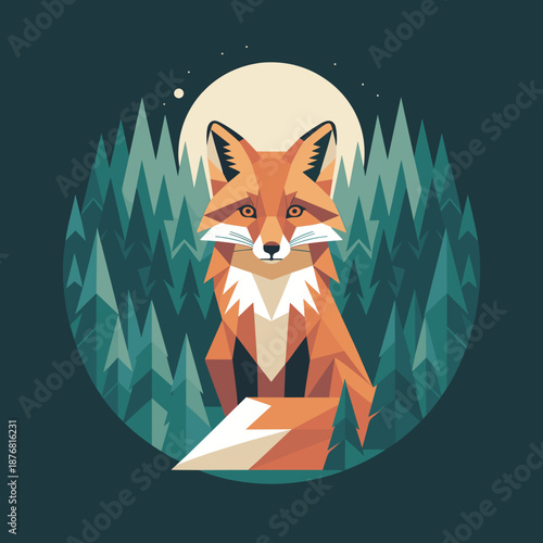 Majestic red fox sitting in a stylized forest of pine trees under a full moon in a geometric art style with a dark background.