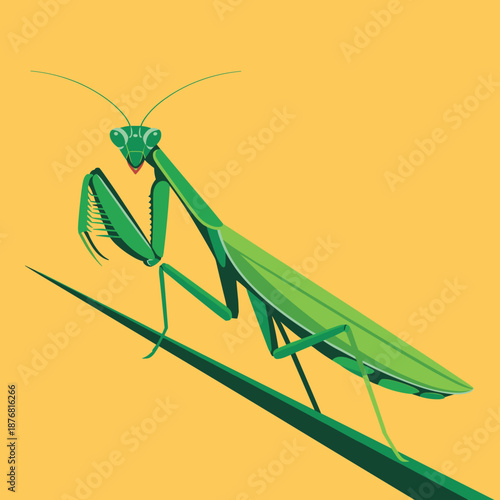 Large green praying mantis perched on a thin diagonal stem against a solid bright yellow background in a close-up profile view.