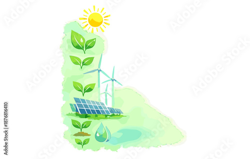 Renewable energy concept with solar panels and wind turbines in abstract nature setting