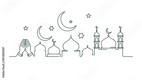Celestial Mosque Silhouette: An elegant line drawing captures a serene moonlit scene featuring a mosque and praying hands, evoking a sense of spiritual reflection and cultural celebration.