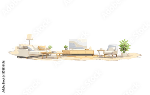 Modern minimalist living room with neutral tones and indoor plants