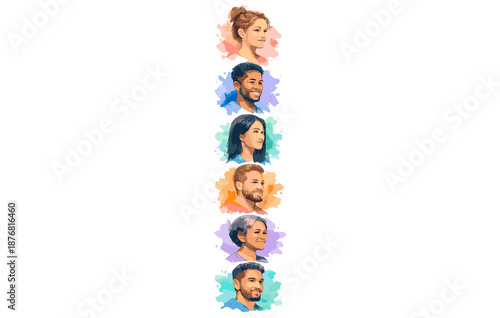 Diverse portraits of young and adult individuals in colorful watercolor style