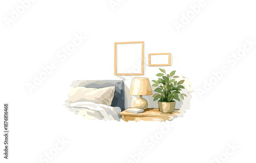 Cozy bedroom corner with bedside table, lamp, and green plant in minimalist style