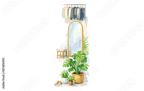 Stylish home interior with mirror, plants, and clothes hanging on rack