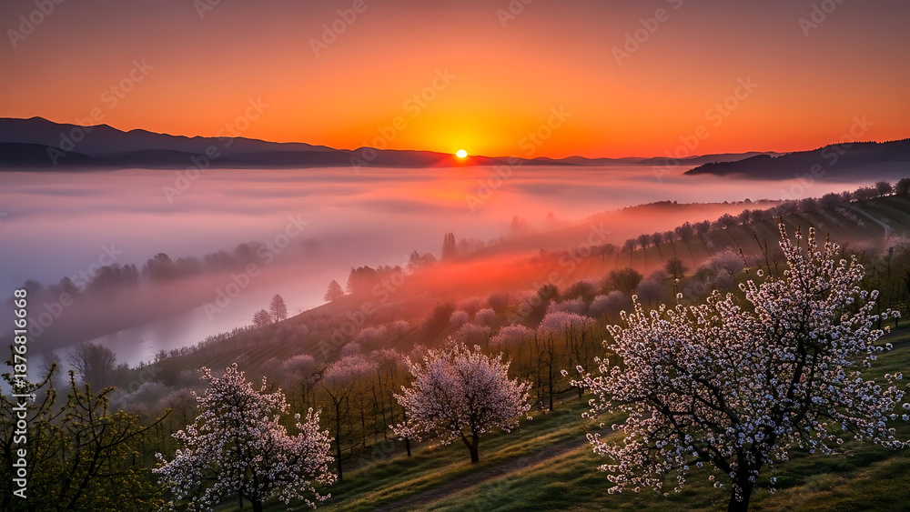 Obraz premium Sunrise Over A Misty Valley With Blooming Cherry Trees And Distant Mountains