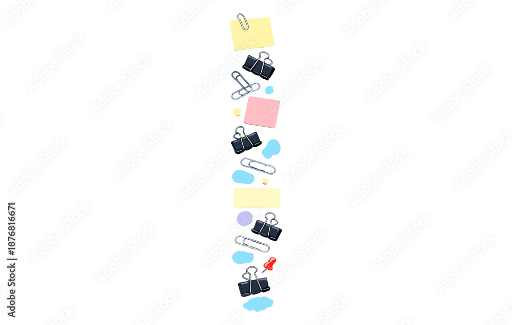 Obraz premium Vertical arrangement of stationery supplies on white background