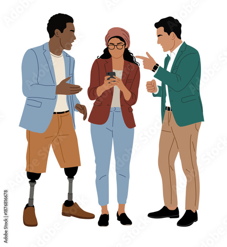 Flat minimalist illustration of three people in a casual meeting, including a man with prosthetic legs and a woman with headscarf, clean style on transparent background.