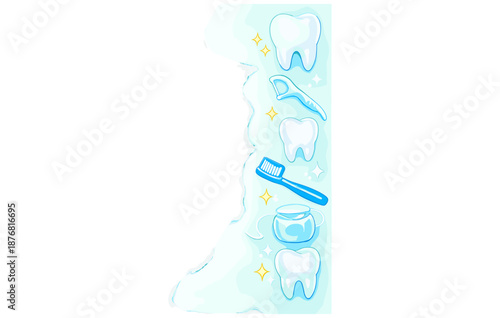 Dental hygiene icons featuring teeth, toothbrush, floss, and dental tools on a blue background