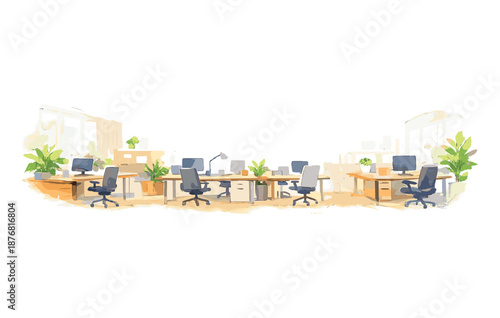 Modern open office space with desk layout and green plants