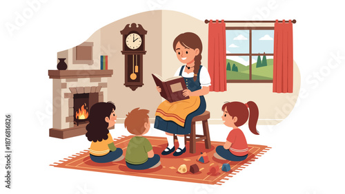 Vector illustration of a German woman reading traditional stories to children at home, cultural storytelling activity and family heritage lifestyle