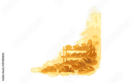 Artistic illustration of bread and pastries in a bakery display