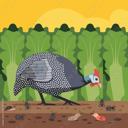 Helmeted guinea fowl searching for insects in a lush green garden with various bugs on the soil in a detailed and colorful vector scene.