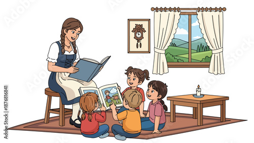 Vector illustration of a German woman reading traditional stories to children at home, cultural storytelling activity and family heritage lifestyle