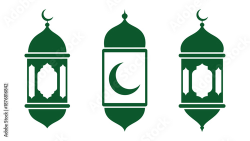 Lanterns of Light and Culture: Three elegant green lanterns, adorned with crescent moons and intricate designs, evoke a sense of tradition and spiritual reflection. These lanterns glow with heritage.