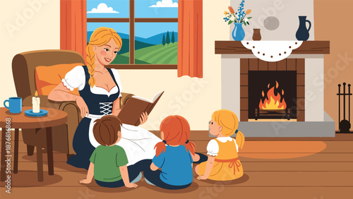 Vector illustration of a German woman reading traditional stories to children at home, cultural storytelling activity and family heritage lifestyle
