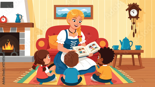Vector illustration of a German woman reading traditional stories to children at home, cultural storytelling activity and family heritage lifestyle