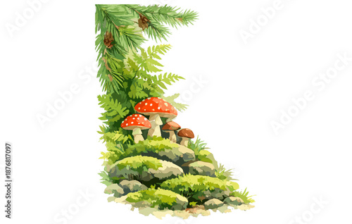 Forest mushrooms and ferns with pine branches in natural greenery