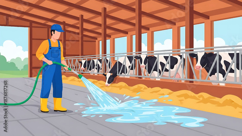 Farmer cleaning cow shed with hose, agricultural worker in barn caring for livestock