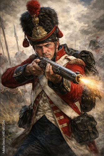 A determined soldier fires his musket amidst a smoky battlefield, showcasing historical military attire and intense action.