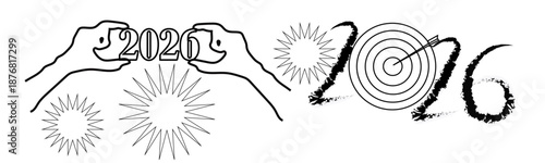 Hands holding the number 2020 and the number 2026 with a target and arrow, vector art isolated on transparent background with a creative artistic style