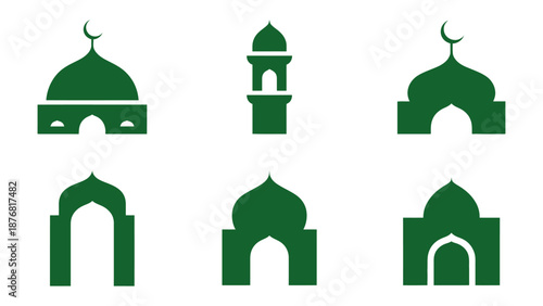 Islamic architecture Icons: A collection of meticulously crafted, green-hued Islamic architectural icons that symbolize peace, spiritual, and Islamic tradition