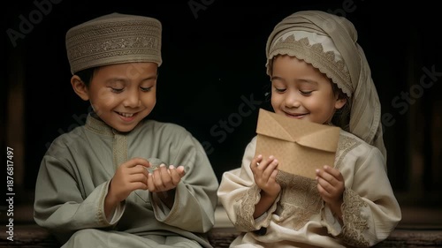 Children sharing a letter in traditional attire