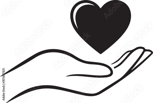 Hand holding a heart symbol in simple line art design isolated on transparent