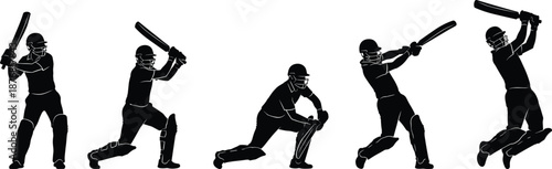 Cricket batting silhouettes action sequence batsman shots sport motion black vector illustration isolated white background concept