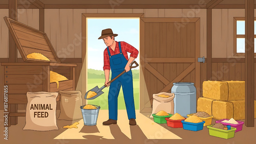 Dedicated farmer diligently shoveling animal feed from a large bin into sturdy bags inside a rustic barn, ensuring daily sustenance for livestock with hands-on agricultural labor