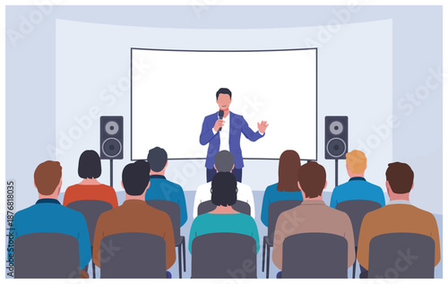 vector illustration of business seminar with people at presentation and conference, suitable for coaching, corporate training, and educational design projects.