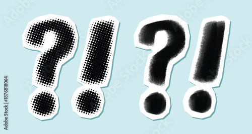 Halftone question mark and exclamation mark icon charcoal brush stroke trendy collage vector design elements illustration isolated
