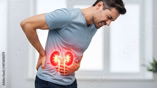 Kidney pain and renal failure symptoms. Nephrology health and internal organ inflammation. Man in a t-shirt holding his side with a glowing anatomical kidney illustration in pain