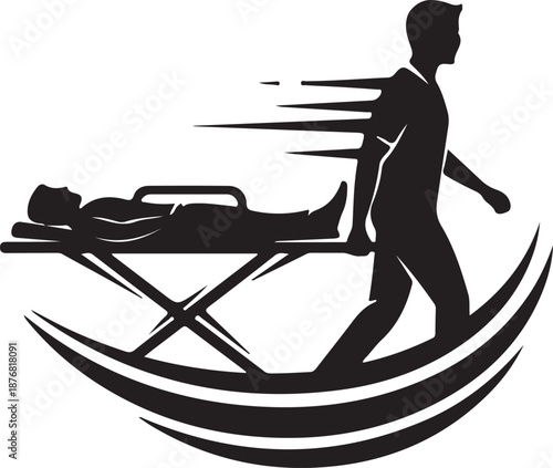 Medical emergency personnel transporting injured person on stretcher with urgency and care in motion