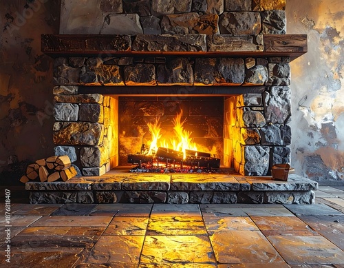 Stone Fireplace with Crackling Fireplace Log and Mantelpiece in Rustic Setting