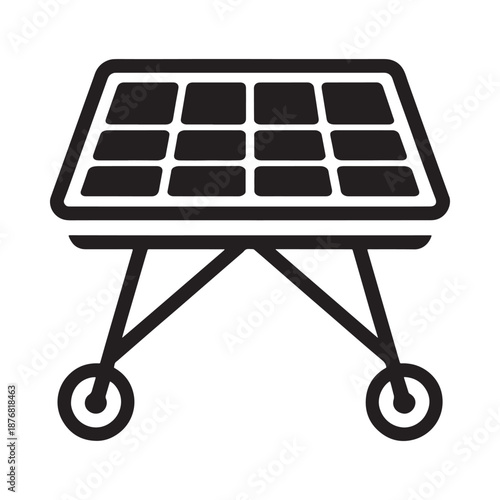 a black and white icon of a solar panel on wheels