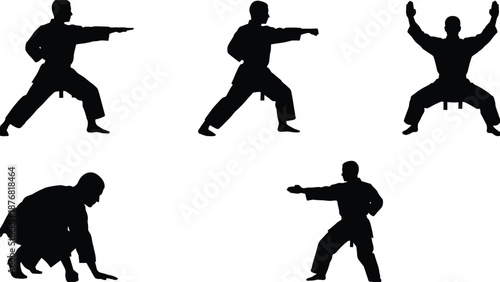 Martial arts karate silhouettes fighting poses training stances self defense combat black vector illustration isolated white background
