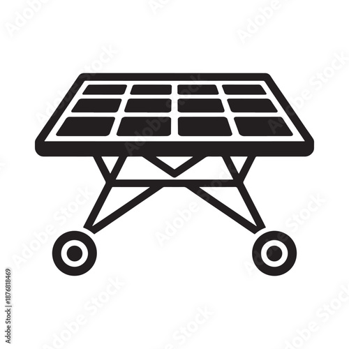 black and white icon of a solar panel on wheels