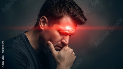 Intense headache and chronic migraine symptoms. Mental health and sinus pressure relief. Close up profile of a man with closed eyes and a red glowing laser line across his forehead