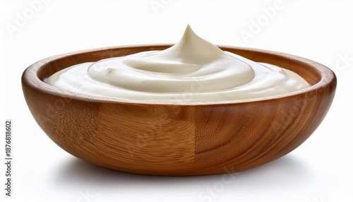 white sauce in a wooden bowl isolated on white background