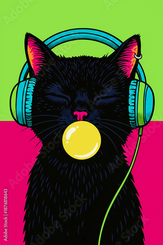 Cat design with headphones, chewing gum, for t-shirt prints, posts, advertisements, and more...
