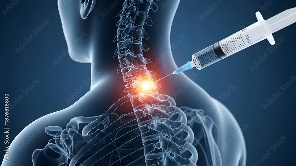 © designhunt - Cervical spine injection and neck pain treatment. Pain management and spinal therapy. Medical syringe needle entering the vertebrae to deliver medication for nerve relief