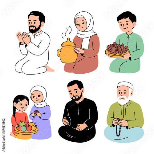 Ramadan Scene: A group of Muslims are engaged in various acts of devotion and preparation during the holy month of Ramadan. Embracing the essence of unity, spirituality, and cultural tradition