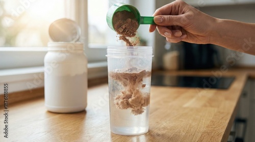Preparing protein shake,hand pouring chocolate protein powder into shaker bottle with water,nutritional supplement for fitness training and muscle recovery