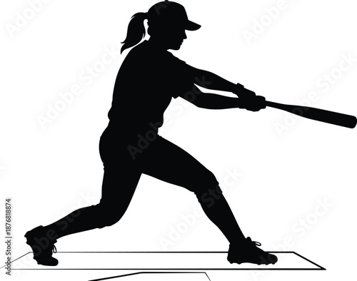 Softball player bunting silhouette female athlete sport action technique black vector illustration isolated white background concept
