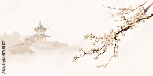 Ancient Thai temple architecture in Bangkok surrounded by green nature with summer floral blossoms and a wooden branch frame