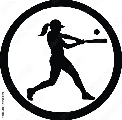 Softball player hitting ball silhouette female athlete sport action power swing black vector illustration isolated white background