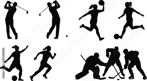Sports silhouettes collection athletes playing golf football running hockey action black vector illustration isolated white background concept