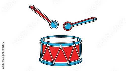 Drum and Drumsticks Illustration: A colorful drum illustration with drumsticks, perfect for musical projects, educational materials, and playful designs. 
