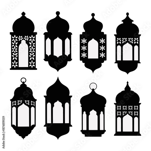 Arabian Nights Silhouette: Eight ornate, black lanterns, each a unique masterpiece of design, stand against a bright backdrop, evoking the magic and mystery of Arabian nights.