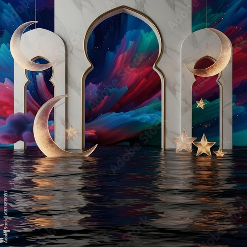 Ramadan Kareem Surreal Photorealistic Background with Minimal Decor and Dramatic Lighting